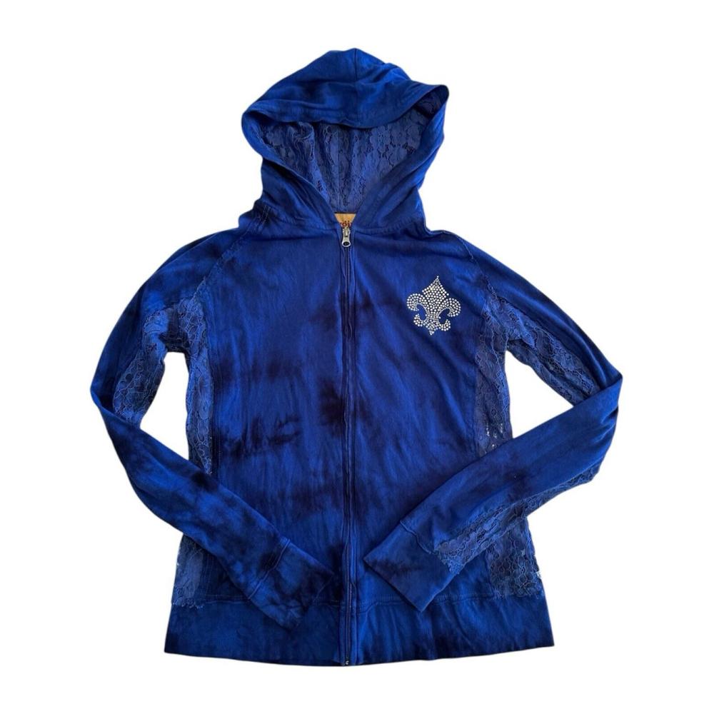 Cowgirl Legend Distressed Lace Hoodie Zip Jacket Womens Large Blue Lightweight - Picture 9 of 16